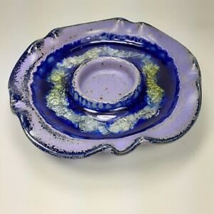 Studio Art Pottery Candle Holder Purple & Blue Distressed Crackle Glaze