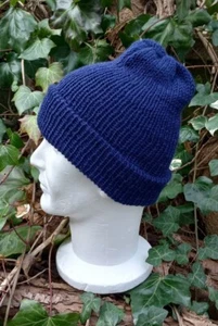 Beanie Hat Superfine 100% Merino Wool Hand Made Navy Blue - Picture 1 of 6