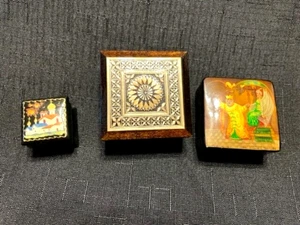3 Boxes - 2 HandPainted Russian Black Lacquer Boxes Signed & 1 Lacquer Straw Box - Picture 1 of 18