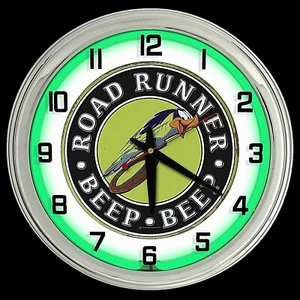 16" Plymouth Road Runner BEEP BEEP Green Neon Clock Chrome Finish - Picture 1 of 2