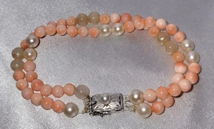 Vintage seltenes Engelshautkoralle/Perle Doppelstrang Armband Silber Verschluss mit Perle - Bild 1 von 4