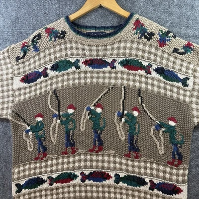 VTG FLY FISHING Hand Knit Fisherman Sweater Mens XL AOP RARE Northern Isles - Image 1 of 4