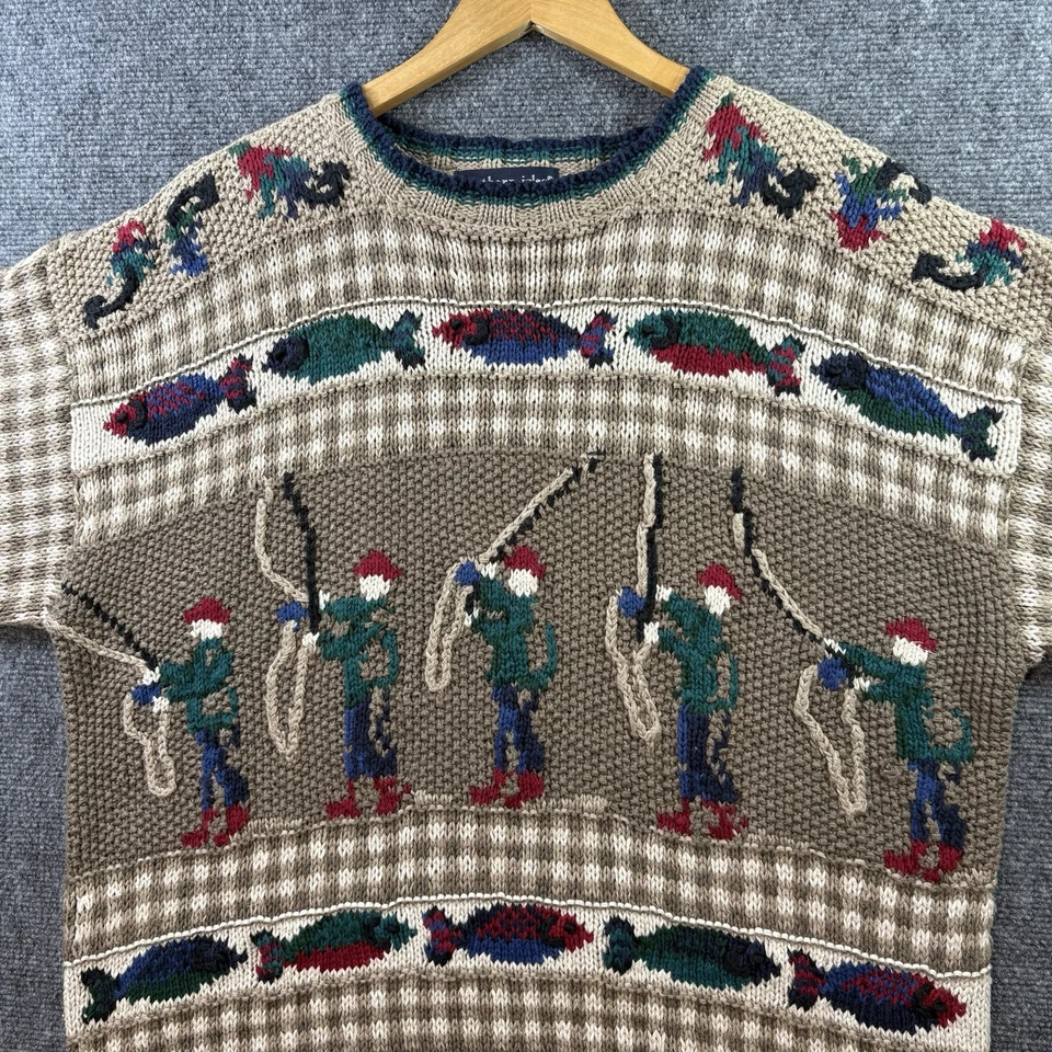 VTG FLY FISHING Hand Knit Fisherman Sweater Mens XL AOP RARE Northern Isles - Image 1 of 4