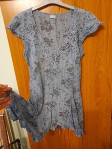 Ladies M&S Blue Patterned Cotton Top ,size 14 asymmetrical Hem, Sequin Detail - Picture 1 of 9