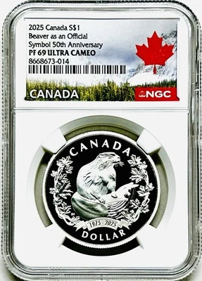 2025 $1 CANADA SILVER DOLLAR PROOF NGC PF69 UCAM BEAVER AS AN OFFICIAL SYMBOL FR - Image 1 of 3