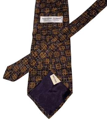 Vintage Meeting Street 100% Silk Tie 3.75” Brown Purple Abstract Honeycomb - Image 1 of 4