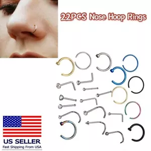 22PCS Nose Hoop Rings CZ L-shaped Nose Stud Stainless Steel Piercing Jewelry Set - Picture 1 of 4
