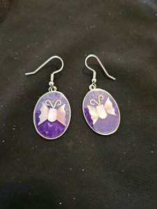 Vintage Alpaca Mexico Purple Butterfly Enamel Earrings - Picture 1 of 5