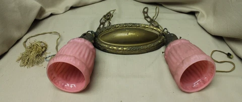 ANTIQUE DOUBLE PENDANT LIGHT FIXTURE BRASS PINK SATIN SHADES Cover