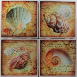 Set of 4 - Ceramic Tile Coasters - Seashells (Buy 2 Sets Get 1 Set Free) 1 A - Imagen 1 de 7