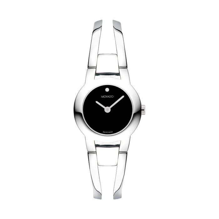 MOVADO IMPRESA 0607720 BLACK DIAL SILVER BANGLE STAINLESS STEEL WOMEN WATCH