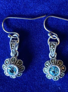 Marcasite Blue topaz sterling silver vintage style drop earrings Hand Set - Picture 1 of 16