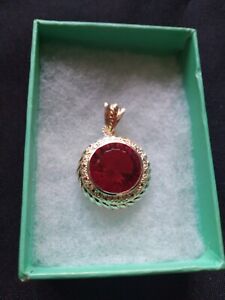 Hermosa 18K Gold Plated Round Lg Ruby Red Stone Pendant 