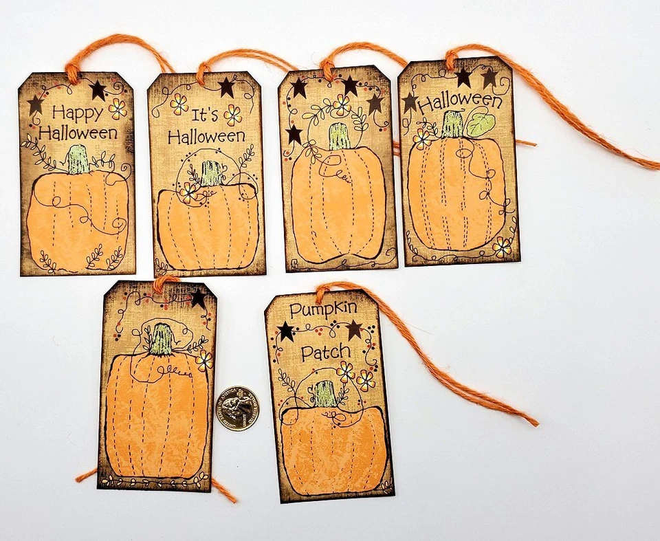 6-Halloween-Primitive-Farmhouse-Country-Linen Cardstock-Gift-Hang-Tags - Image 1 of 1