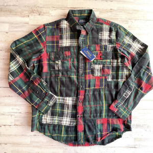 Polo Ralph Lauren Mens Patchwork Plaid Brushed Flannel Shirt Green LARGE NWT