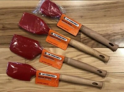 Set of 4 "Cerise" Revolution Spatulas Basting Brush LE CREUSET Wooden Silicone  - Image 1 of 4