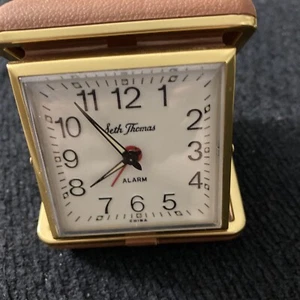 Vintage Seth Thomas Folding Travel Alarm Clock, Tan Clam Shell Case Still Works! - Picture 1 of 5