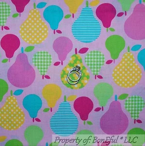 BonEful FABRIC FQ Cotton Quilt VTG Pink Green Yellow Pear Fruit Small Flower Dot - Picture 1 of 13