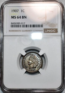 NGC MS-64 BN 1907 Indian Head Cent, Highly Lustrous & Lightly Toned. - Picture 1 of 2