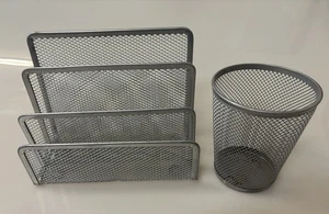 Taza de lápiz de plata y soporte para letras de 3 ranuras paquete de malla metálica usado - Imagen 1 de 11