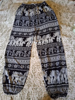 Дамы размер M 100% хлопок богемное тайский Lucky слон темно-синий печать гарем брюки  - Изображение 1 из 2