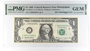 1999 $1 Philadelphia FRN Fr#1924-C BEP Millennium Note PMG Fancy Serial *8087 - Picture 1 of 3