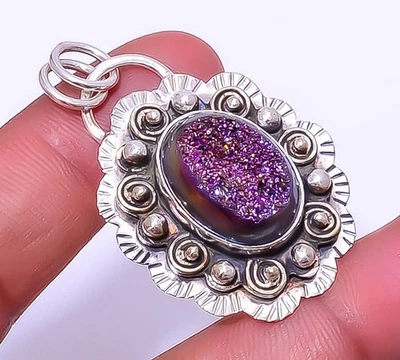 Colgante de plata de ley 925 con piedras preciosas de ágata pavo real de titanio 1,76" A337 Foto 1 de 4