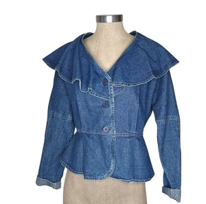 Vintage Bistag Prairie Ruffle Collar Blue Denim Shirt Jacket Sz S Cottagecore  - Picture 1 of 9