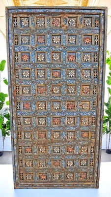 Antique Teak Wood Ceiling Panel Large 3x6 feet Original Fine Carved Painted - Image 1 of 4