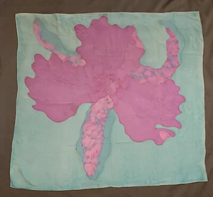 Vintage 1990 Silk Scarf Purple Orchid Teal 34” Artist Signed - Picture 1 of 3