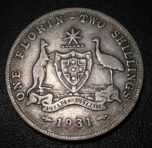 1931 ONE FLORIN TWOLD AUSTRALIA COINS O SHILLINGS 92.5 % SILVER  - Picture 1 of 2