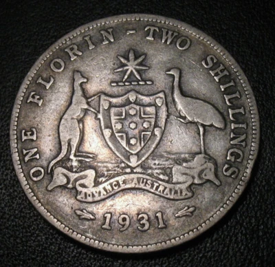 1931 ONE FLORIN TWOLD AUSTRALIA COINS O SHILLINGS 92.5 % SILVER  - Image 1 of 2