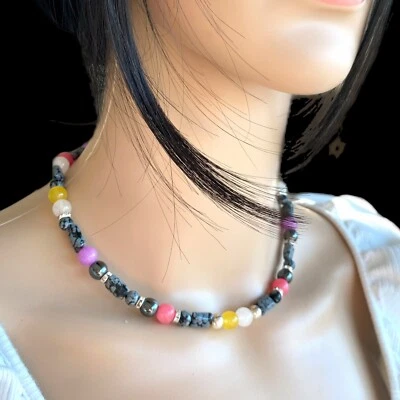 天然宝石项圈项链 切换关闭雪花 黑曜石 玉石 赤铁矿 — 第 1/4 张图片