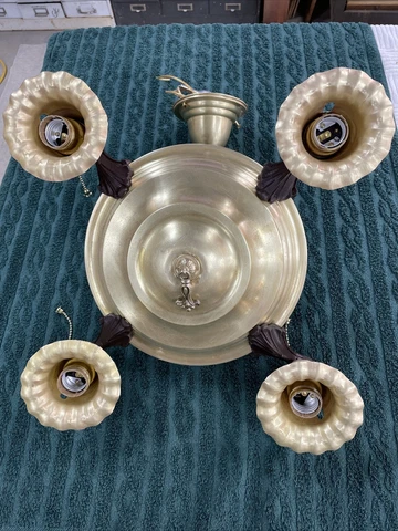 Antique Original Restored Four Arm Brass Pan Light Fixture Perfect Cover
