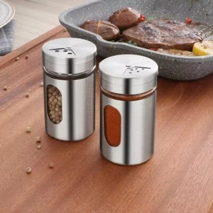 New 2 Pk Stainless Steel Salt and Pepper Shakers Adjustable Pour Holes  - Picture 1 of 5