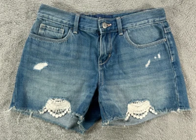 Pantalones Cortos Denim Antiguos Azul Marino Niñas 14 Borde de Encaje Jean Corte Cintura Ajustable Foto 1 de 4