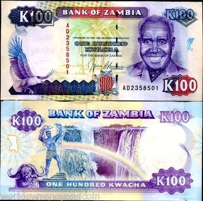 ZAMBIA 100 KWACHA P34 1991 X 100 PCS LOT BUNDLE BUFFALO VICTORIA FALL UNC NOTE - Image 1 of 2