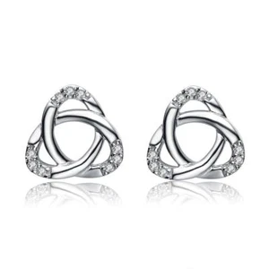 Elegant silver rounded triangle stud earrings cubic zirconia stones inlayed - Picture 1 of 1