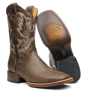 Herren Braun Echtleder Western Cowboystiefel Rodeo Eckige Zehe Botas Vaqueras - Bild 1 von 13