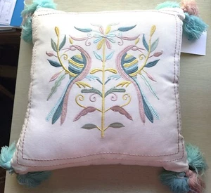 THROW PILLOW-COASTAL HOME-Embroidery-Birds-Folk Design-Tassels-Large-17" x 17" - Picture 1 of 14