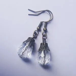 Clear Faceted Crystal Teardrop Vintage Bronze Short Drop Earrings in Gift Bag - Picture 1 of 6