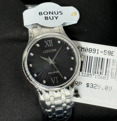 🔥 $325 Citizen Eco Drive Women Watch Black Dial Dimond Silver Stainless Steel - image 1 of 4