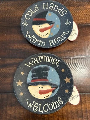 Primitive Christmas Snowman Decorative Wood Plates Set of 2 NWT - Image 1 of 2