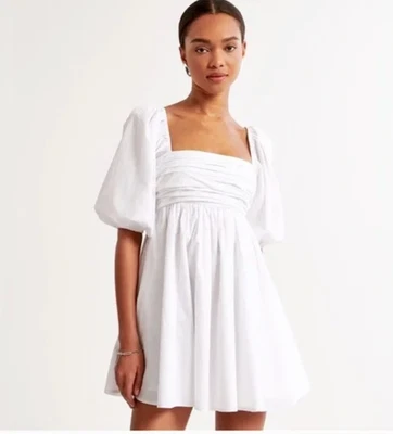 Abercrombie Emerson Ruched Puff Sleeve Mini Dress White Cotton Poplin Small - Image 1 of 4