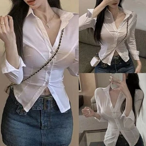 Stylish and Comfortable Women's Vintage Long Sleeve Fitted Shirt White - Picture 1 of 54
