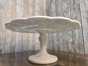 VTG White Milk Glass Pedestal Cake Stand Scalloped Dessert Plate 10'' Indiana - Picture 1 of 11