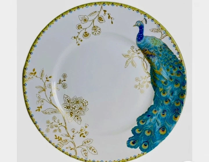222 FIFTH Peacock Garden Porcelain Dinner Plate Set of 4 Gold Floral Scroll NEW - Image 1 of 1