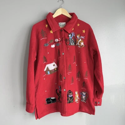 Quacker Factory Christmas Cats Cardigan Sweater Holiday Fleece Button Up L *flaw - Image 1 of 4