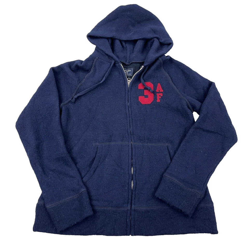 Jaqueta com capuz vintage Y2K Abercrombie & Fitch masculina pequena azul lã zíper completo azul marinho - Imagem 1 de 4