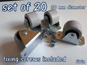 20 Rubber Rigid Fixed Castor Wheels Casters 30mm Bed Drawer Furniture Boxes - Picture 1 of 1